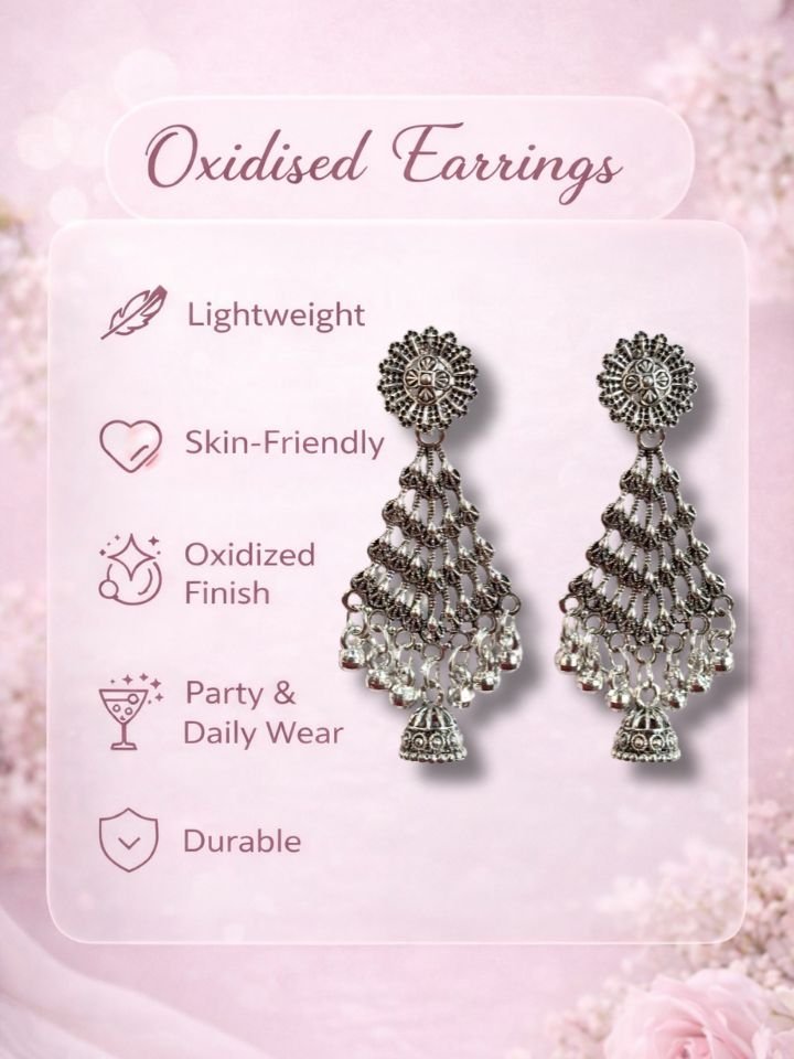 Oxidised Silver Jhumka Earrings for Women & Girls | Ethnic Party Wear Earrings with Pearls