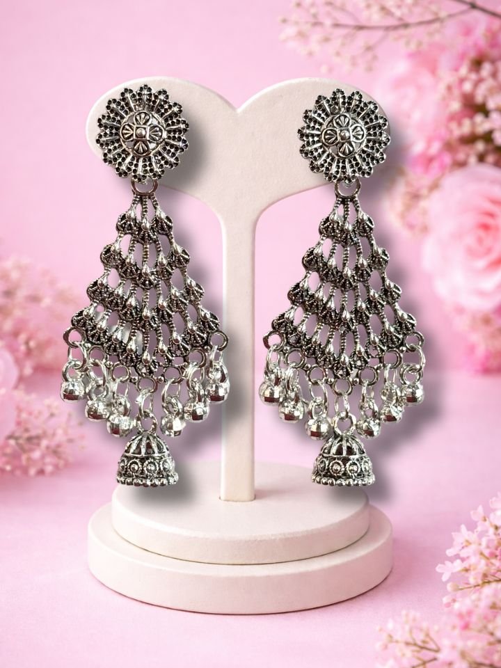Oxidised Silver Jhumka Earrings for Women & Girls | Ethnic Party Wear Earrings with Pearls