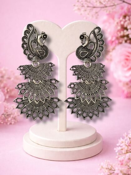 Buy Trendy Earrings, Hair Claw, Lunch Boxes Online | Esyko Oxidised Silver Peacock Earrings for Women – Traditional Ethnic Party Wear Jewellery