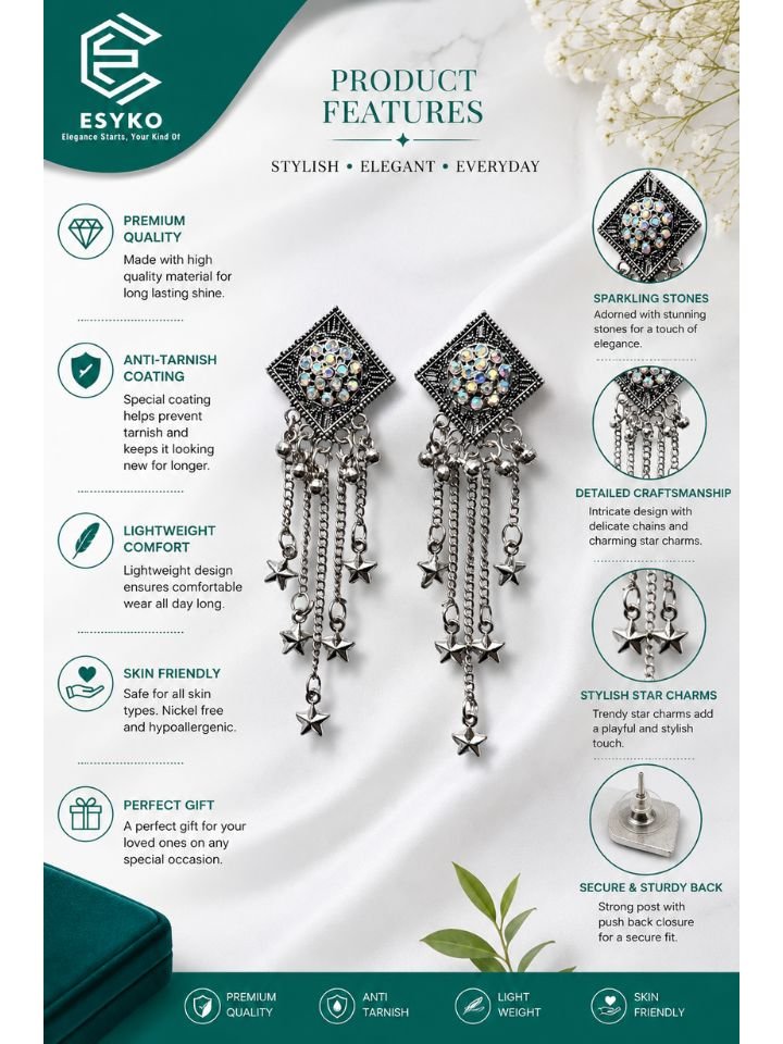 Hanging Star Earrings for Girls and Women - Party Wear Oxidised Silver Earrings