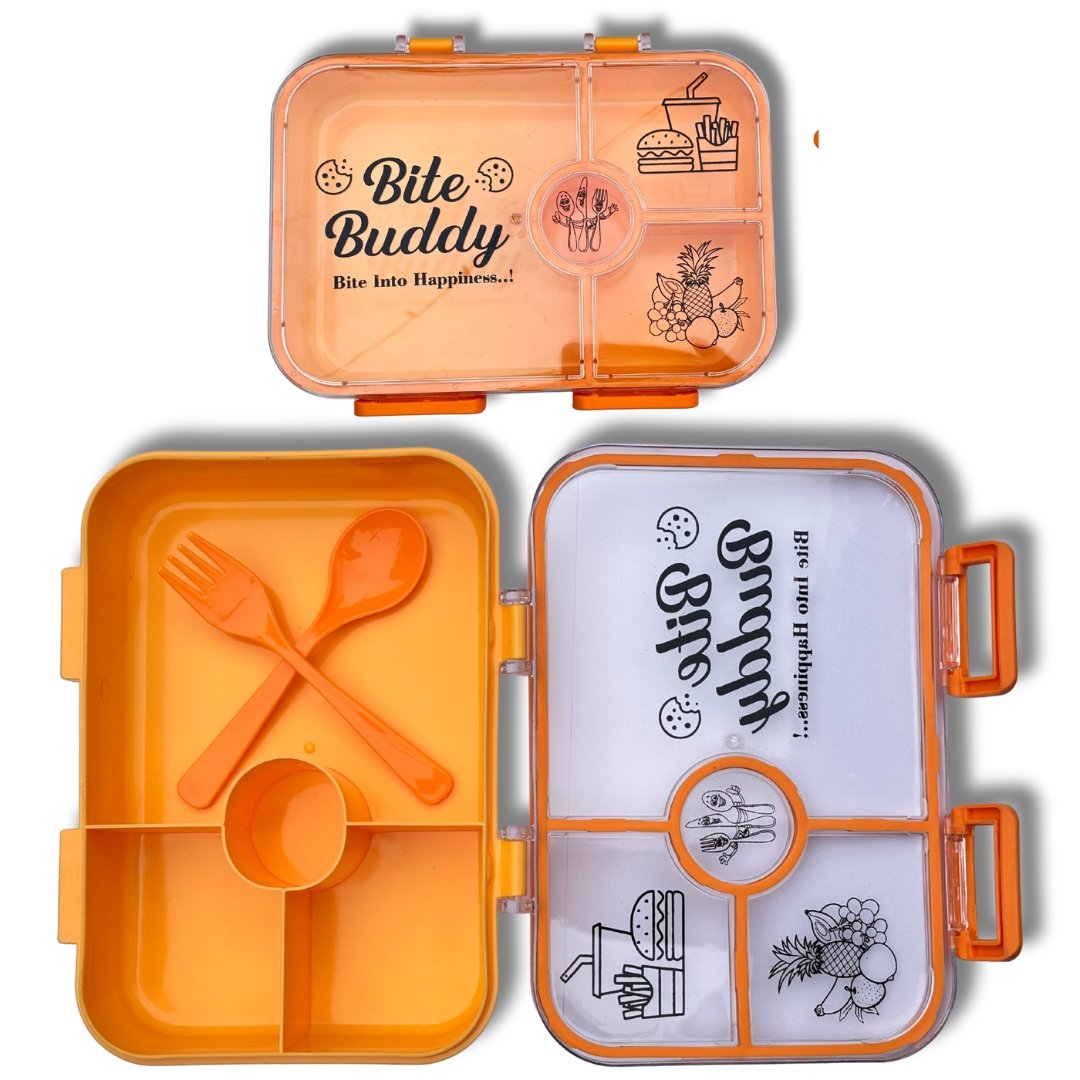 Leak Proof Tiffin Box | Airtight 4 Compartment Lunch Box with Spoon & Fork