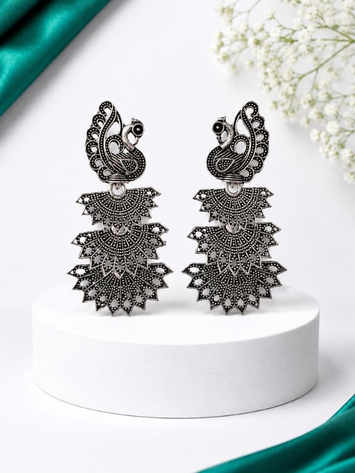 Oxidised Silver Peacock Earrings for Women – Traditional Ethnic Party Wear Jewellery