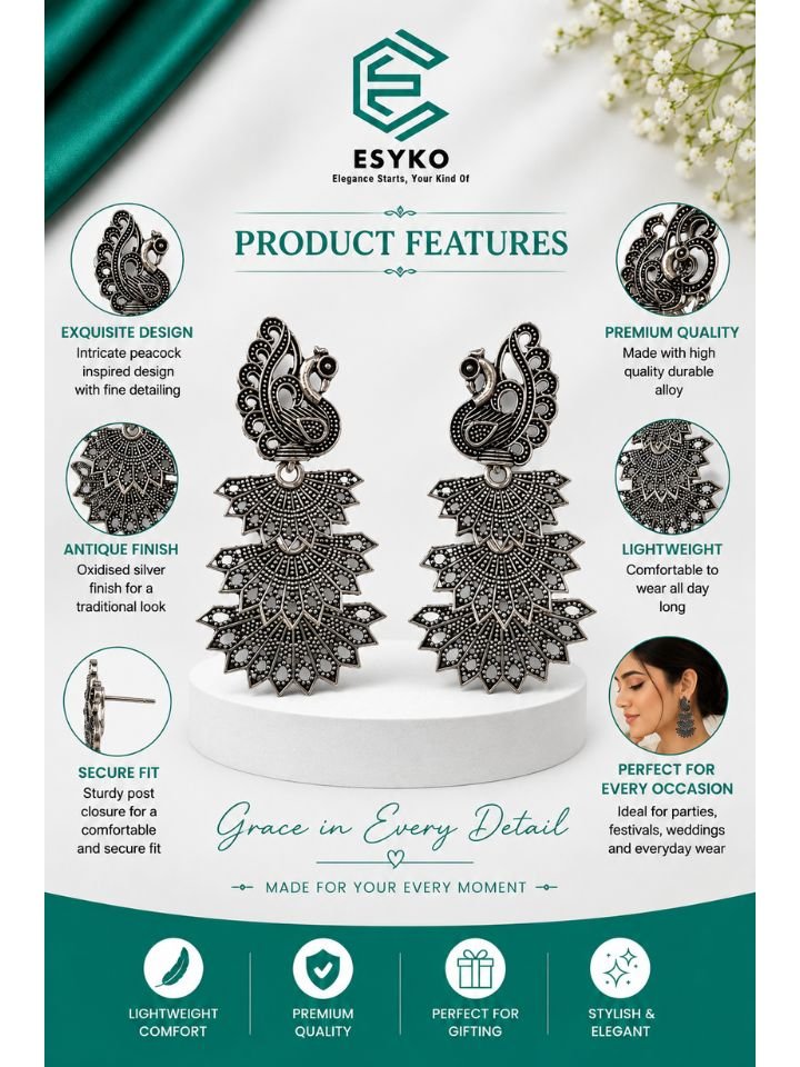 Oxidised Silver Peacock Earrings for Women – Traditional Ethnic Party Wear Jewellery