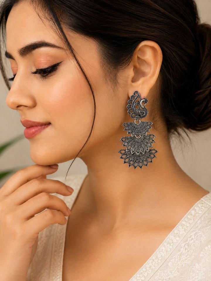Oxidised Silver Peacock Earrings for Women – Traditional Ethnic Party Wear Jewellery