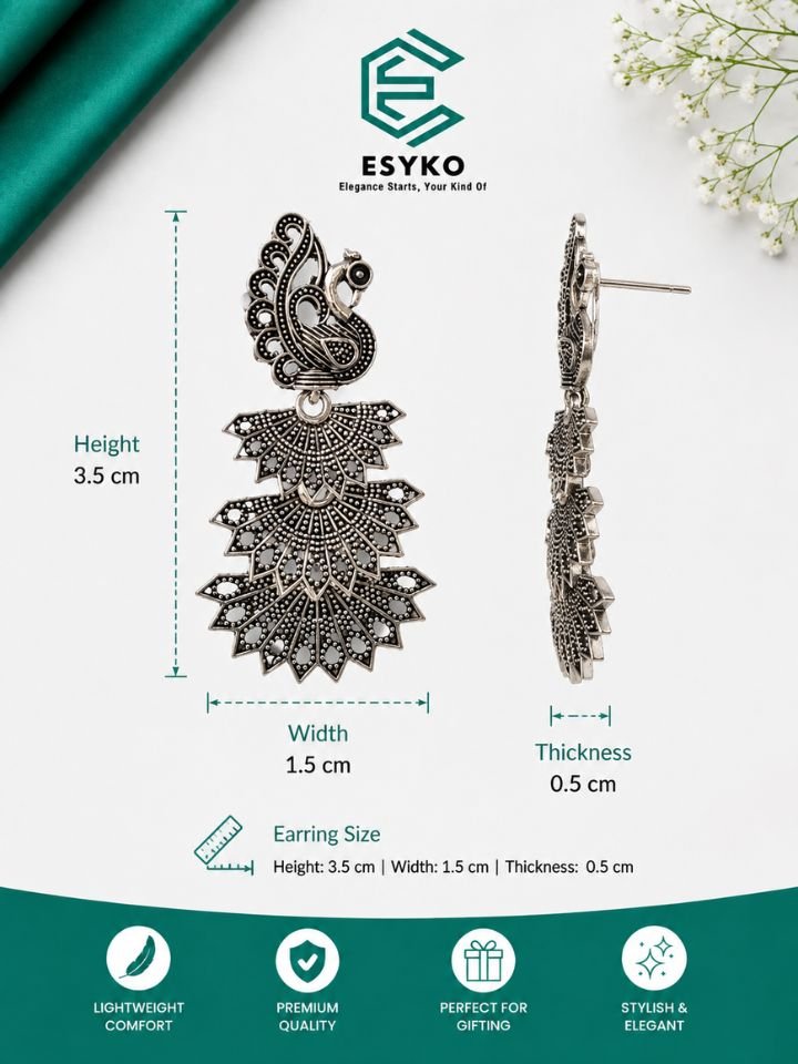 Oxidised Silver Peacock Earrings for Women – Traditional Ethnic Party Wear Jewellery