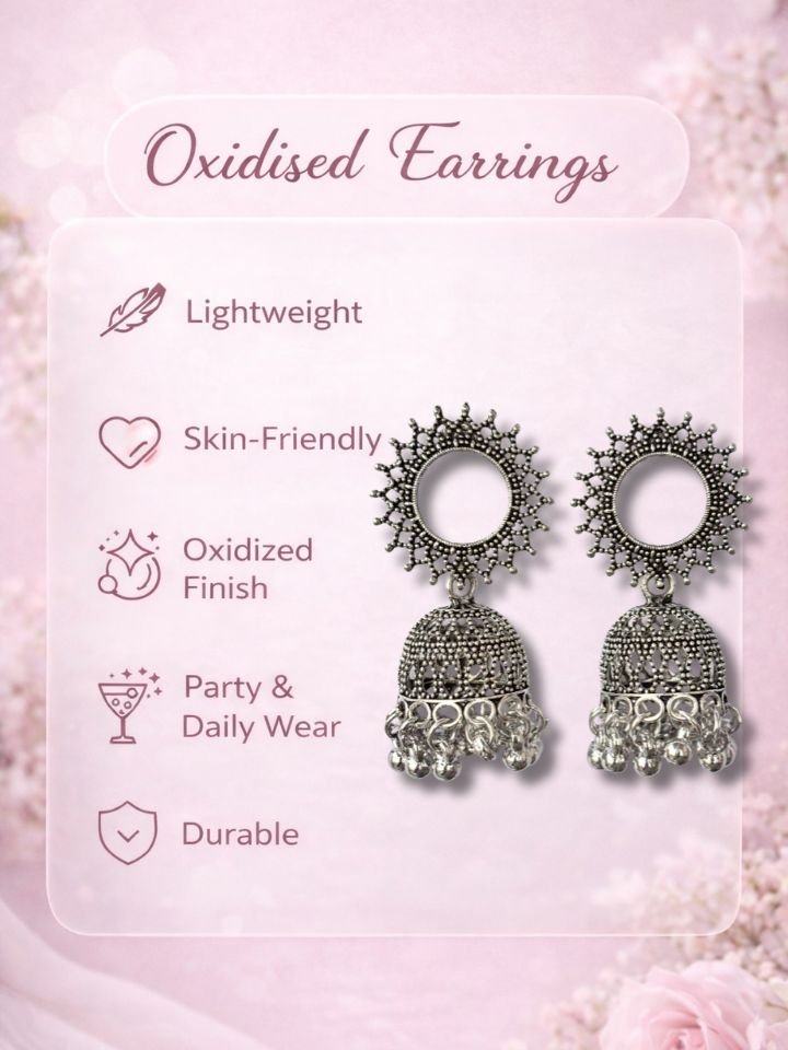 Esyko Oxidized Silver Earrings for Women Sun Design Jhumka Earrings for Women | Traditional Ethnic Dangler Earrings | Party Wear Boho Tribal Earrings