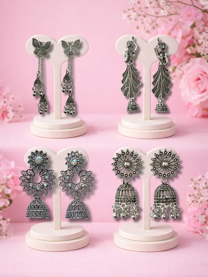 4 Pair Oxidised Silver Earrings Combo Set for Women