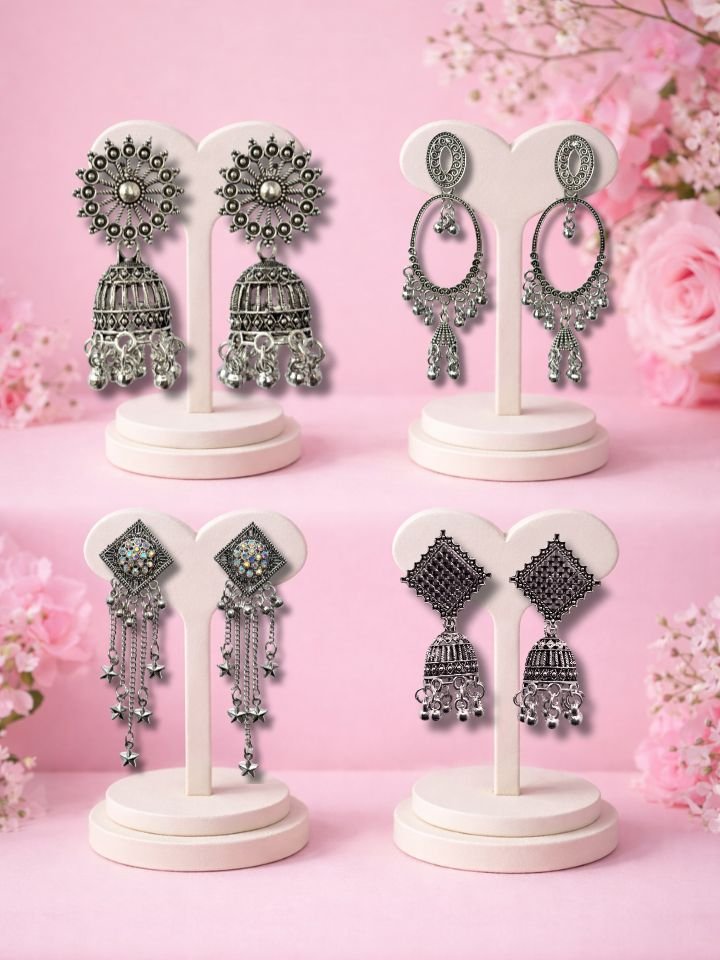 4 Pair Oxidised Earrings Combo Set For Women Silver – Traditional & Designer Combo 4 Pair Oxidised Earrings Combo Set For Women Silver – Traditional & Designer Combo