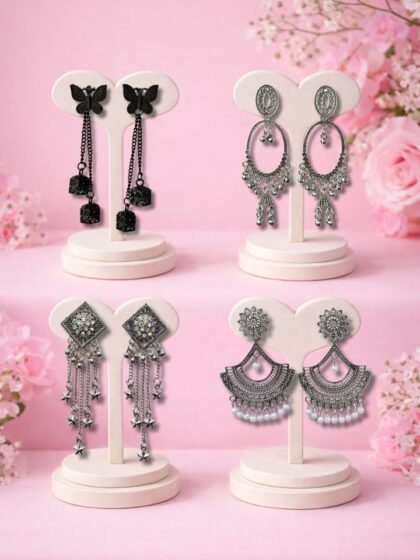 4 Pair Silver Oxidised Earrings Set for Women & Girls