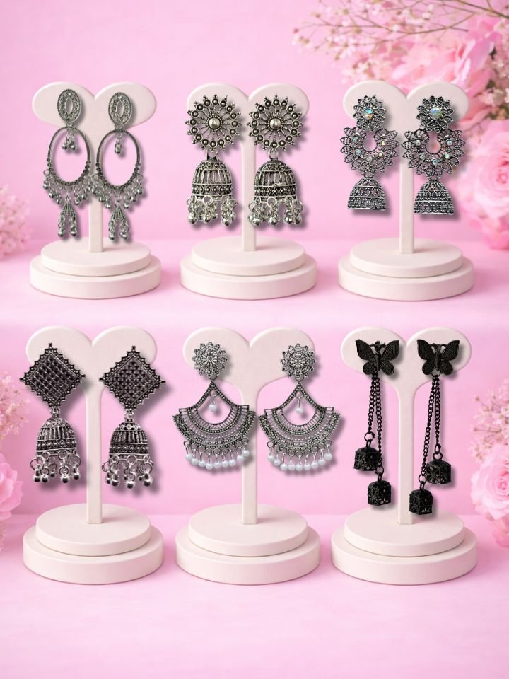 6 Pair Traditional Earrings for Women | xidised Silver Earrings Combo Set
