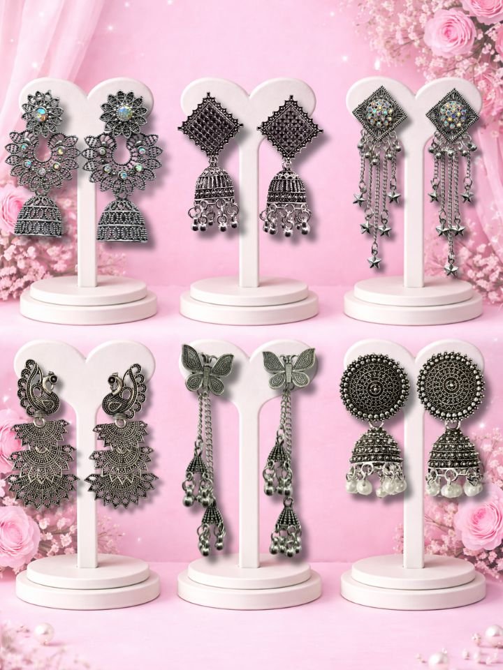 6 Pair Oxidised Silver Jhumka Earrings Combo Set
