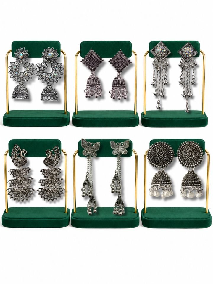 6 Pair Oxidised Silver Jhumka Earrings Combo Set