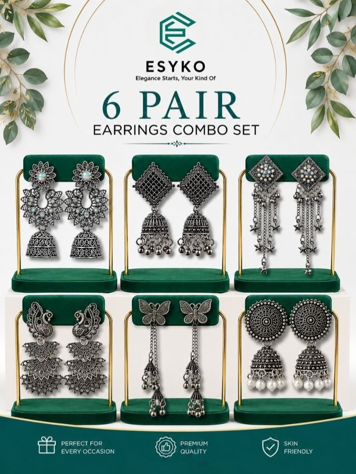 6 Pair Oxidised Silver Jhumka Earrings Combo Set
