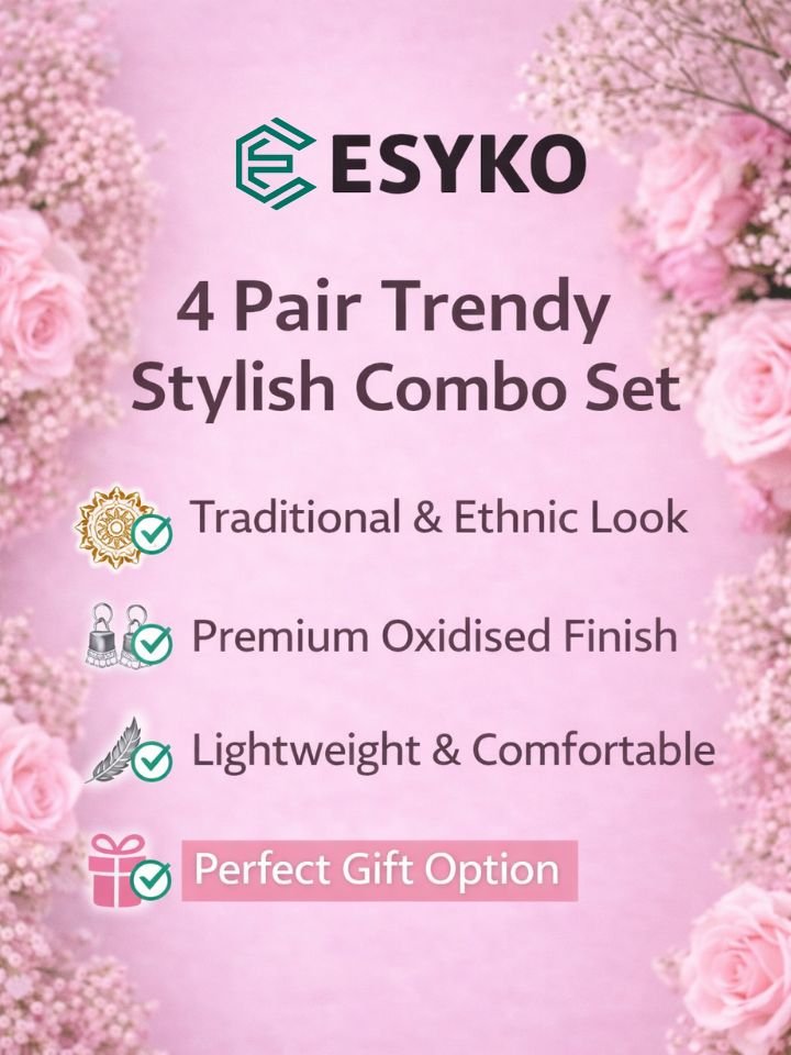 Esyko 4 Pair Earrings Combo Set 4 Pair Jhumka Earrings Combo Set, Oxidised Earrings for Women & Girls | Traditional Jhumka, Peacock, Butterfly & Drop Earrings | Ethnic Jewellery for Daily & Party Wear