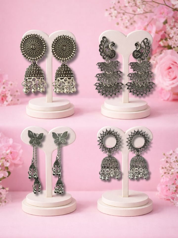 4 Pair Jhumka Earrings Combo Set | Oxidised Earrings for Women & Girls 4 Pair Jhumka Earrings Combo Set, Oxidised Earrings for Women & Girls | Traditional Jhumka, Peacock, Butterfly & Drop Earrings | Ethnic Jewellery for Daily & Party Wear