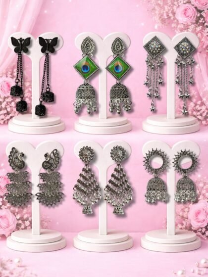 Esyko 6 Pair Oxidised Earrings Combo Set – Butterfly & Peacock Feather Dangle Earrings for Women