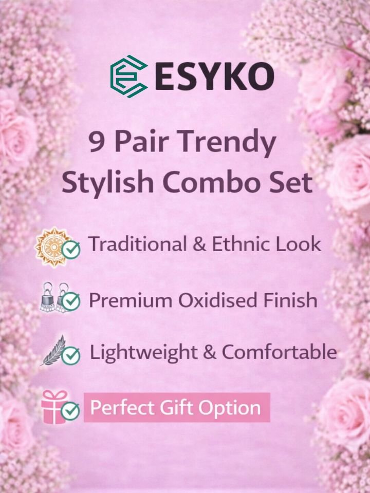 Esyko 9 Pair Oxidised Earrings Combo Set 10 9 Pair Oxidised Earrings Combo Set – Traditional Jhumka, Chandbali & Dangle Earrings