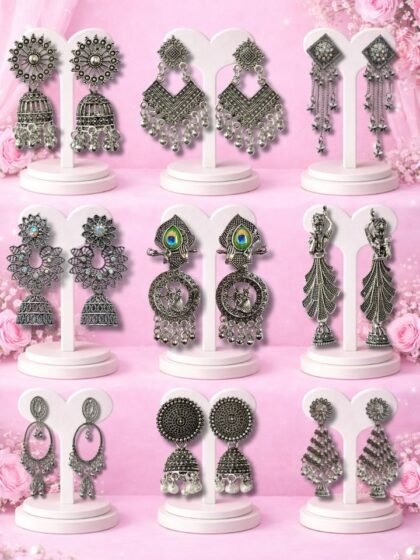 Esyko 9 Pair Oxidised Earrings Combo Set – Traditional Jhumka, Chandbali & Dangle Earrings for Women