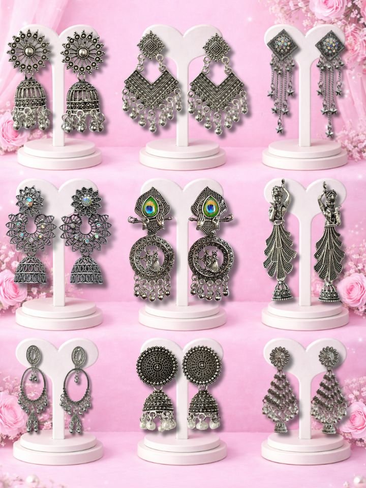 9 Pair Oxidised Earrings Combo Set – Traditional Jhumka, Chandbali & Dangle Earrings Esyko 9 Pair Oxidised Earrings Combo Set – Traditional Jhumka, Chandbali & Dangle Earrings for Women