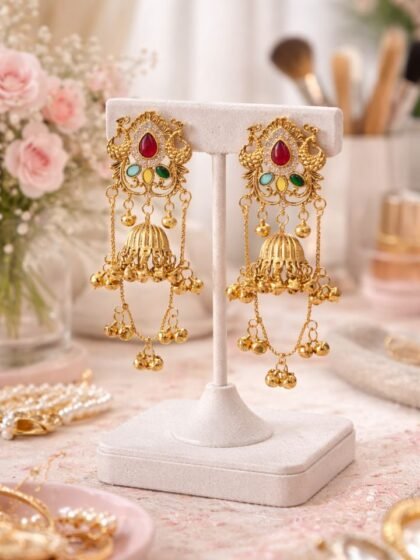 Buy Trendy Earrings, Hair Claw, Lunch Boxes Online | Esyko Kashmiri Long Earrings Women Jhumki | Heavy Kashmiri Ghungroo Earrings | Traditional Gold Plated Jhumki for Wedding & Party Wear