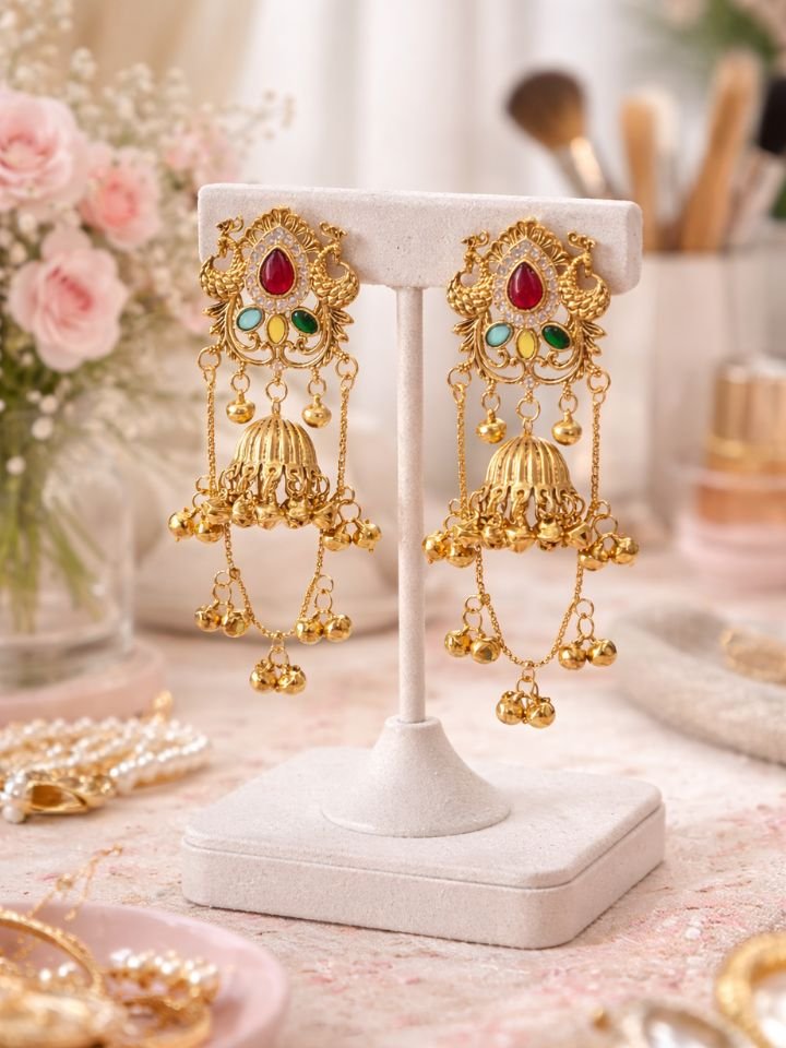 Kashmiri long earrings women jhumki | Heavy Ghungroo Wedding Jhumki Kashmiri Long Earrings Women Jhumki | Heavy Kashmiri Ghungroo Earrings | Traditional Gold Plated Jhumki for Wedding & Party Wear