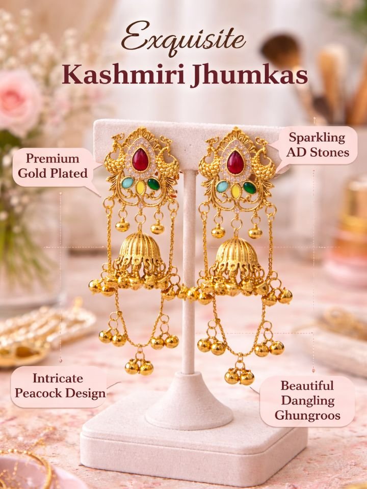 Esyko Kashmiri long earrings women jhumki | Heavy Ghungroo Wedding Jhumki Kashmiri Long Earrings Women Jhumki | Heavy Kashmiri Ghungroo Earrings | Traditional Gold Plated Jhumki for Wedding & Party Wear