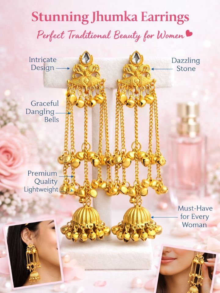 Gold Plated Kashmiri Long Jhumka Earrings for Women | Long Chain Traditional Ethnic Dangler Earrings | Wedding Party Wear Jhumka Earrings for Girls