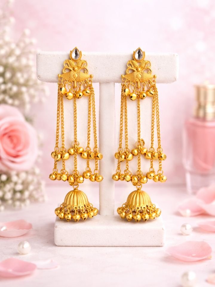 Gold Plated Kashmiri Long Jhumka Earrings for Women | Long Chain Traditional Ethnic Dangler Earrings | Wedding Party Wear Jhumka Earrings for Girls