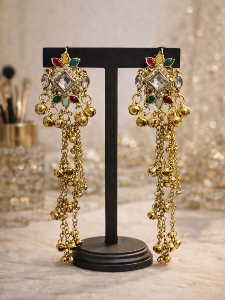 Esyko Kashmiri Long Jhumka Earrings with Hair Chain | Traditional Gold Plated Jhumki with Hair Chain | Bridal & Wedding Ethnic Jewelry