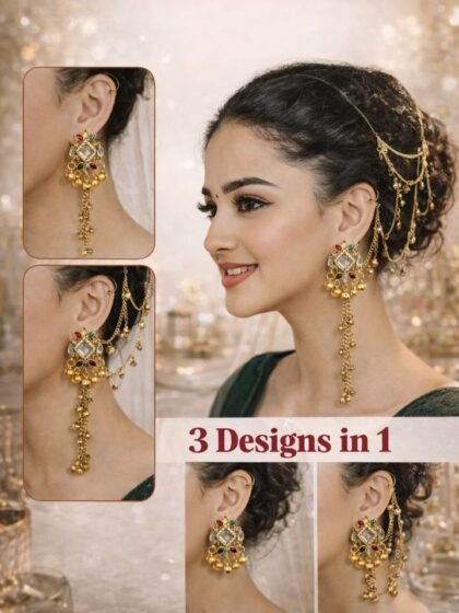 Buy Trendy Earrings, Hair Claw, Lunch Boxes Online | Esyko Esyko Kashmiri Long Jhumka Earrings with Hair Chain | Traditional Gold Plated Jhumki with Hair Chain | Bridal & Wedding Ethnic Jewelry