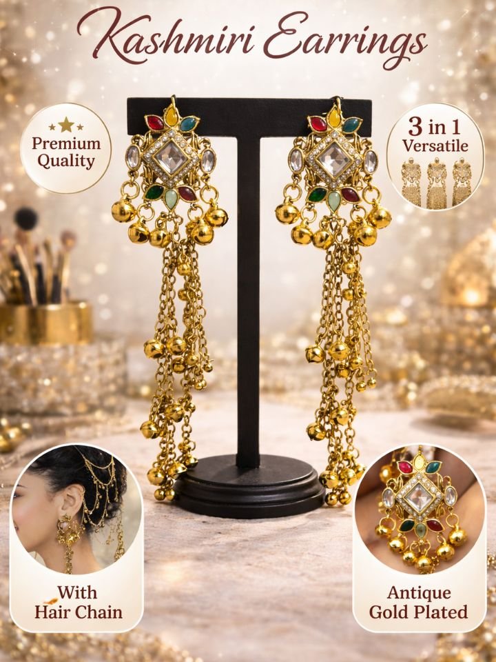 Esyko Kashmiri Long Jhumka Earrings with Hair Chain | Traditional Gold Plated Jhumki with Hair Chain | Bridal & Wedding Ethnic Jewelry