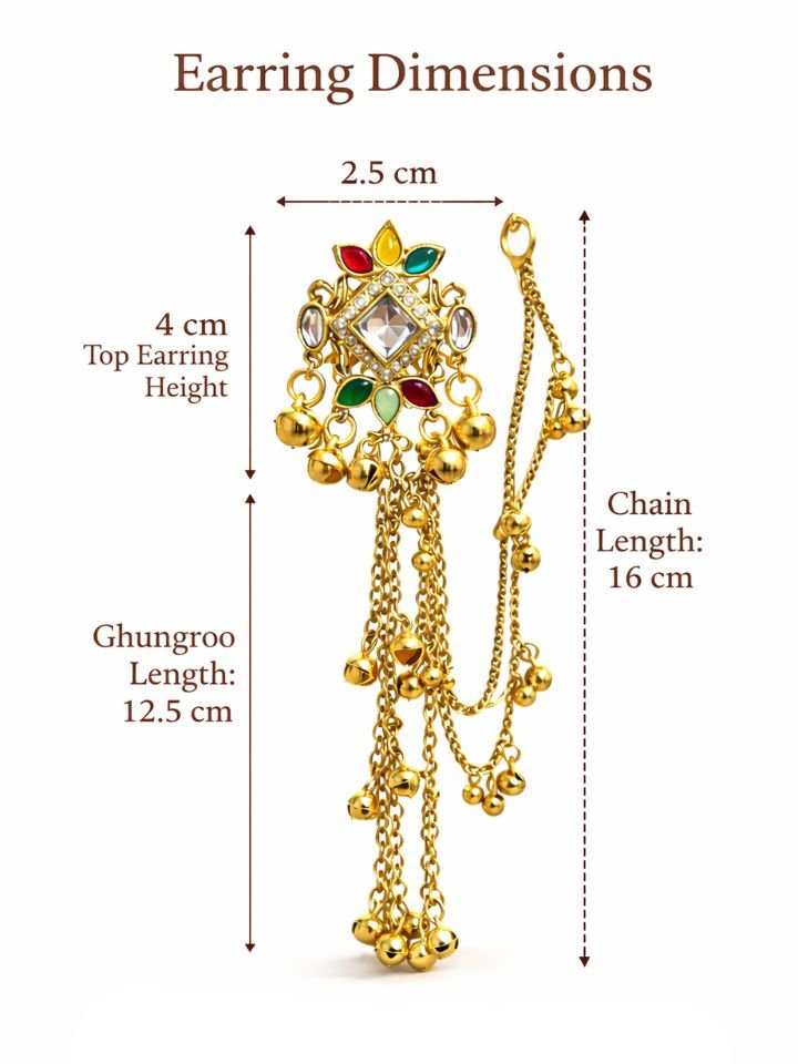 Esyko Kashmiri Long Jhumka Earrings with Hair Chain | Traditional Gold Plated Jhumki with Hair Chain | Bridal & Wedding Ethnic Jewelry