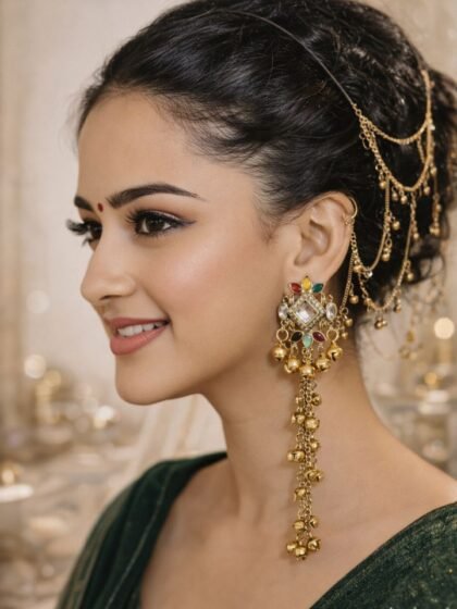 Buy Trendy Earrings, Hair Claw, Lunch Boxes Online | Esyko Esyko Kashmiri Long Jhumka Earrings with Hair Chain | Traditional Gold Plated Jhumki with Hair Chain | Bridal & Wedding Ethnic Jewelry
