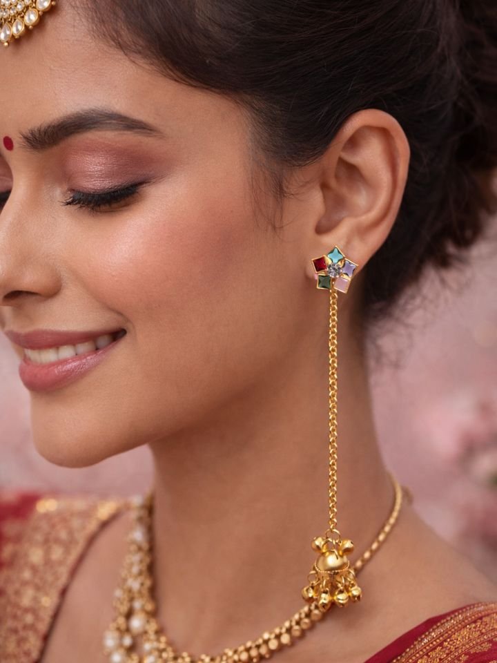 Long chain ghungroo jhumka earrings 2 Esyko Long Chain Ghungroo Jhumka Earrings – Gold Plated Ethnic Dangler for Women