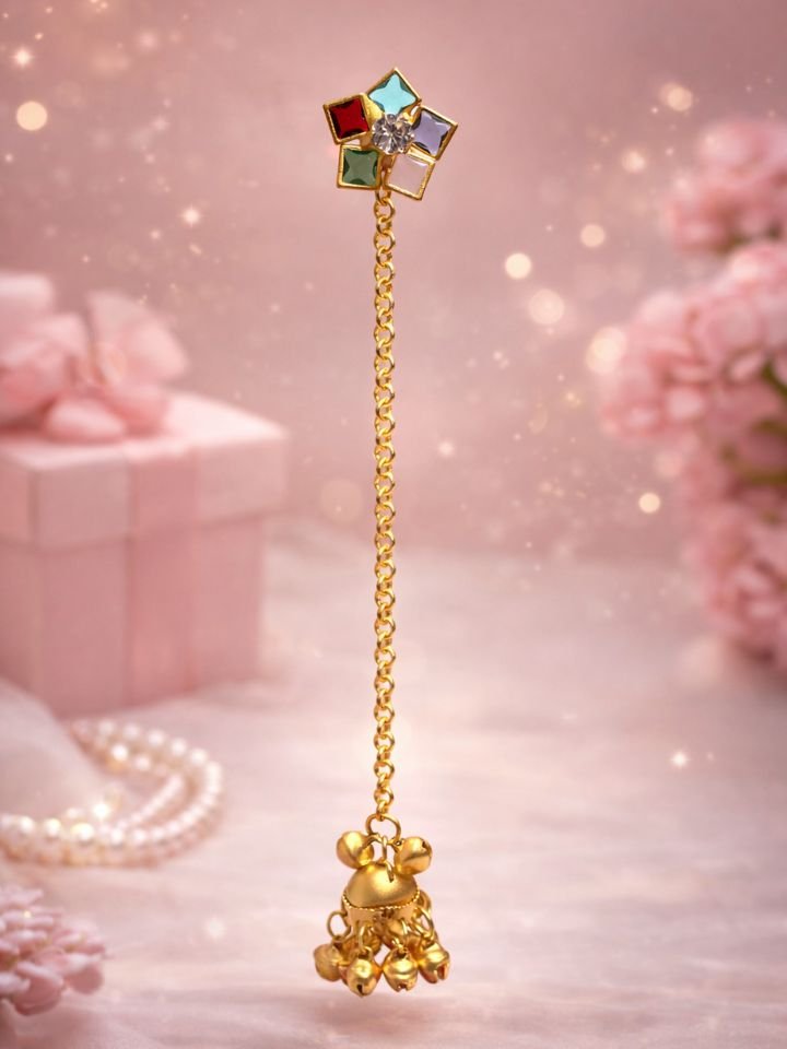 Long chain ghungroo jhumka earrings 3 Esyko Long Chain Ghungroo Jhumka Earrings – Gold Plated Ethnic Dangler for Women