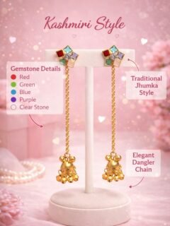 Long Chain Ghungroo Jhumka Earrings | Gold Plated Multicolor Stone Esyko Long Chain Ghungroo Jhumka Earrings – Gold Plated Ethnic Dangler for Women