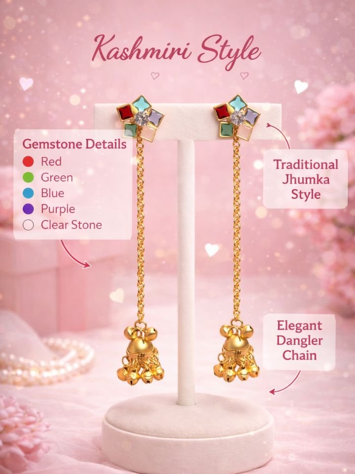 Long chain ghungroo jhumka earrings 4 Esyko Long Chain Ghungroo Jhumka Earrings – Gold Plated Ethnic Dangler for Women