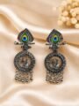 Oxidised Silver Radha Krishna Earrings with Peacock Stone for Women