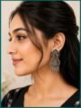 Oxidised Silver Radha Krishna Earrings with Peacock Stone for Women Oxidised Silver Radha Krishna Earrings with Peacock Stone for Women