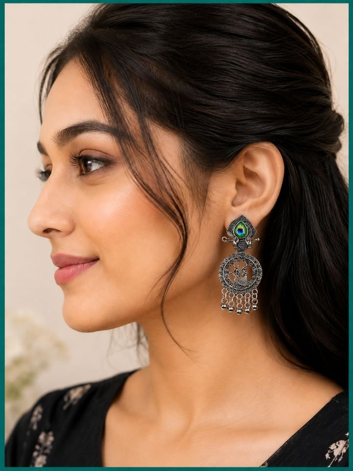 Oxidised Silver Radha Krishna Earrings with Peacock Stone for Women