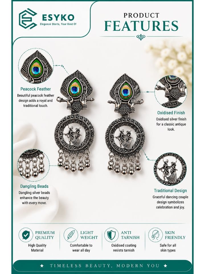 Oxidised Silver Radha Krishna Earrings with Peacock Stone for Women
