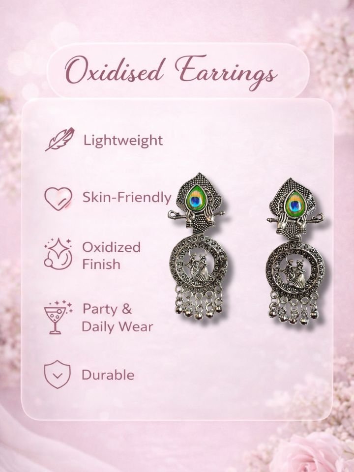 Esyko Oxidised Silver Radha Krishna Earrings for Women | Traditional Ethnic Party Wear Earrings Esyko Oxidised Silver Radha Krishna Earrings with Peacock Stone for Women