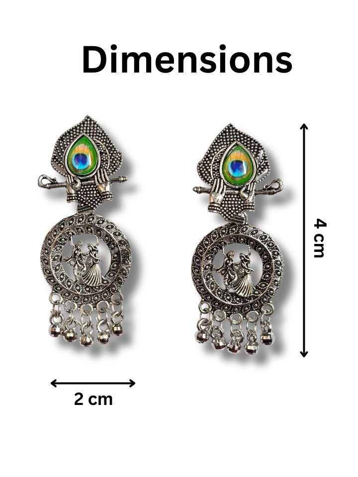 Esyko Oxidised Silver Radha Krishna Earrings for Women | Traditional Ethnic Party Wear Earrings Esyko Oxidised Silver Radha Krishna Earrings with Peacock Stone for Women