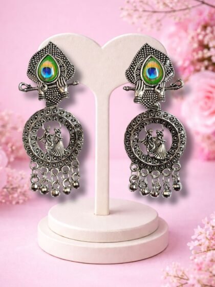 Buy Trendy Earrings, Hair Claw, Lunch Boxes Online | Esyko Esyko Oxidised Silver Radha Krishna Earrings with Peacock Stone for Women