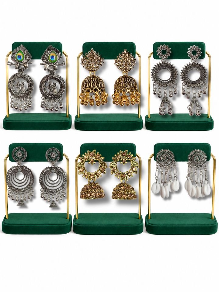6 Pair Oxidised Silver and Gold Jhumka Earrings Combo