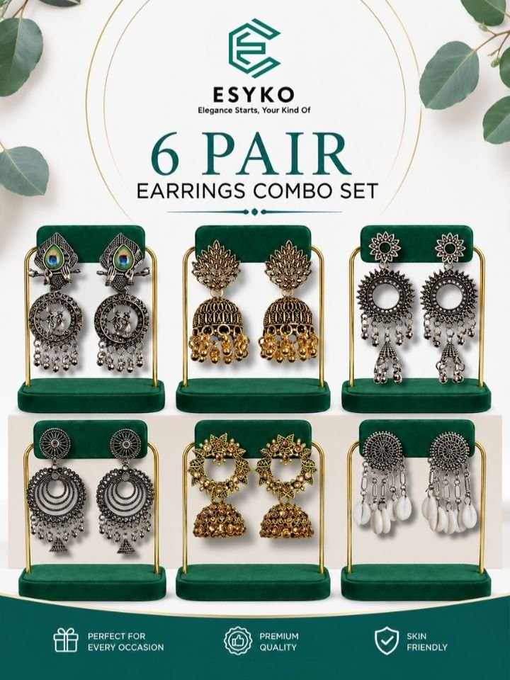 6 Pair Oxidised Silver and Gold Jhumka Earrings Combo