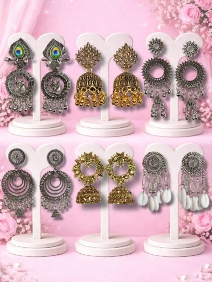 6 Pair Oxidised Silver and Gold Jhumka Earrings Combo