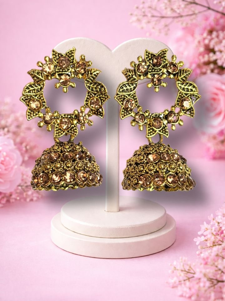 Gold Plated Oxidized Jhumka Earrings Set | Ethnic Party Wear Stone Jhumki Earrings Esyko Gold Plated Oxidized Jhumka Earrings Set | Ethnic Stone Studded Indian Jhumki Earrings Set | Party Wear Wedding Earrings