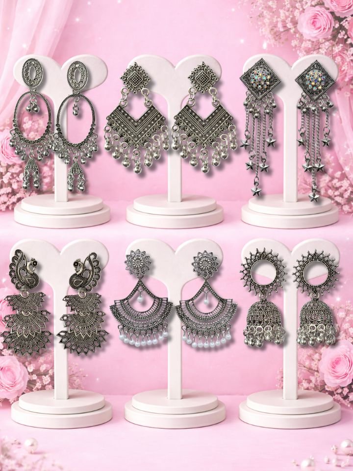 Oxidised Silver Earrings Combo Set (6 Pairs) – Ethnic Jhumka & Chandbali Designs