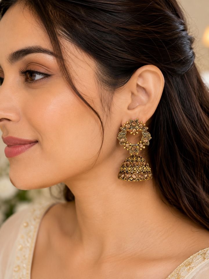 Gold Plated Oxidized Jhumka Earrings Set 13 Gold Plated Oxidized Jhumka Earrings Set | Ethnic Party Wear Stone Jhumki Earrings